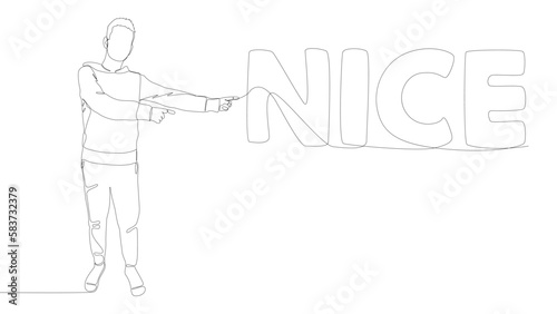 One continuous line of Man pointing with finger at Nice word. Thin Line Illustration vector concept. Contour Drawing Creative ideas.