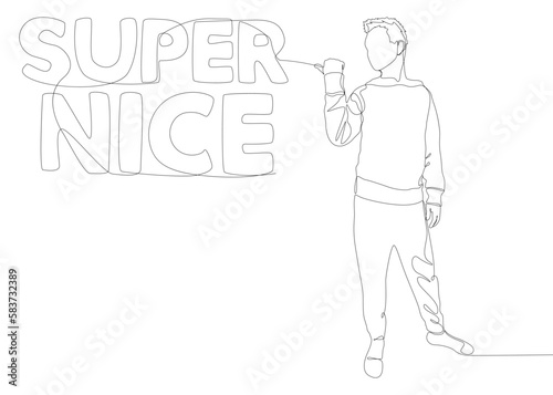 One continuous line of Man pointing with finger at Super Nice word. Thin Line Illustration vector concept. Contour Drawing Creative ideas.