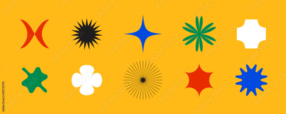 Primitive geometric shapes set. Colorful abstract stars and flowers forms in Swiss or bauhaus style. Brutalist elements collection for poster, banner, collage. Vector signs. Primitive geometric shapes set. Colorful abstract stars and flowers forms in Swiss or bauhaus style. Brutalist elements collection for poster, banner, collage. Vector signs.