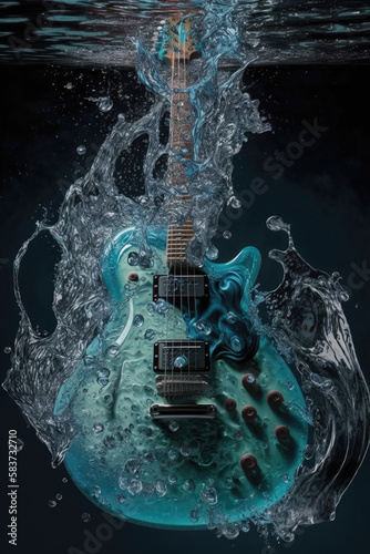 Electric Guitar in the Water, Light Blue Water Guitar, Artistic Musical Instrument Splashing in water, Generative AI
