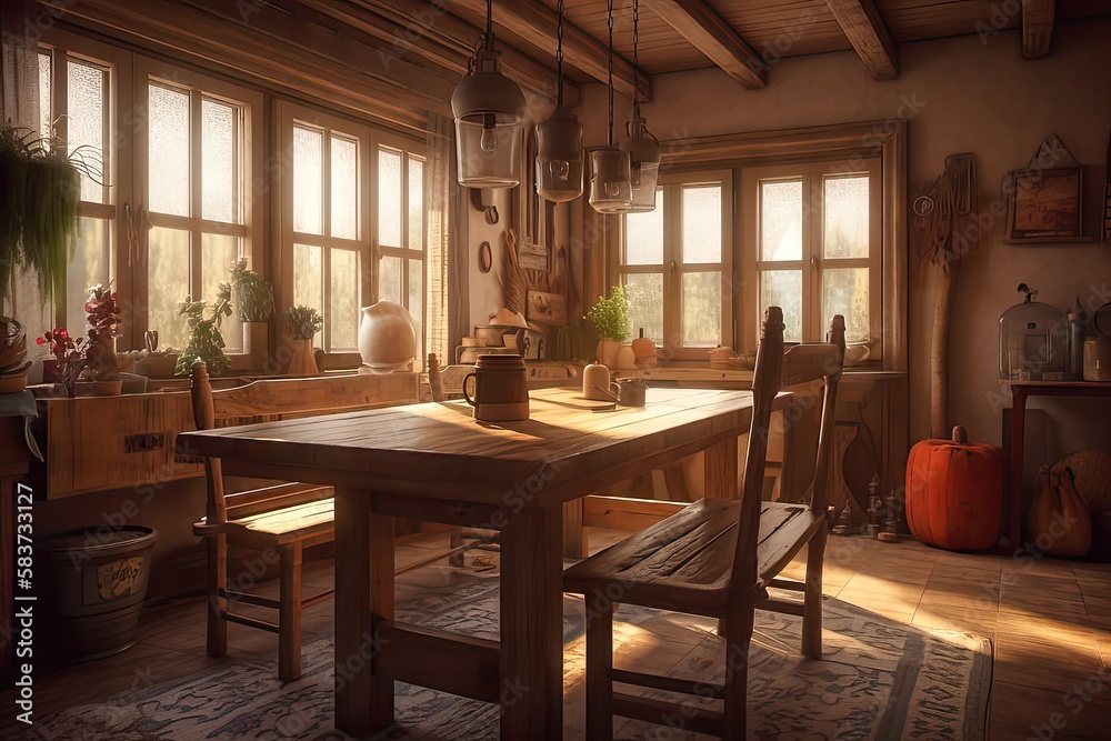 Fototapeta premium Rustic Dining Room with Natural Materials and Vintage Accents 2. Generative AI
