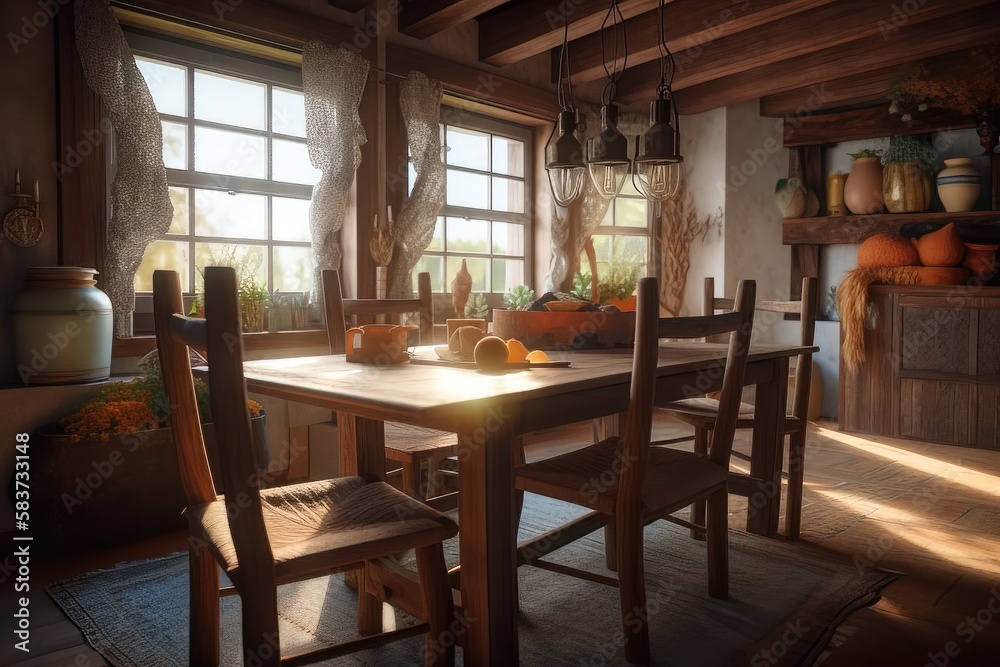 Rustic Dining Room with Natural Materials and Vintage Accents 1. Generative AI