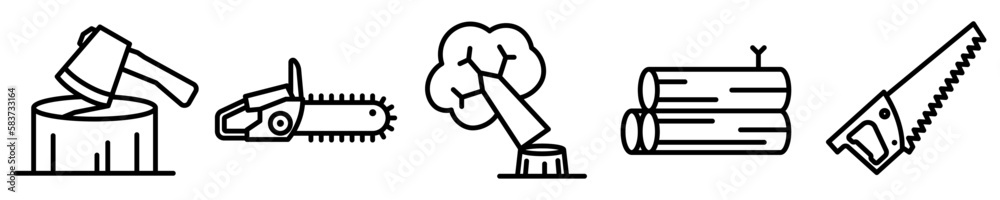Conjunto de iconos de deforestación. Herramientas para cortar madera. Tala de árboles y bosques. Ilustración vectorial Conjunto de iconos de deforestación. Herramientas para cortar madera. Tala de árboles y bosques. Ilustración vectorial