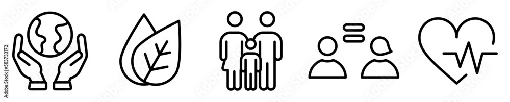 Conjunto de iconos de desarrollo sostenible. Desarrollo humano, ecología, cuidado del medio ambiente, bienestar social, igualdad. Ilustración vectorial Conjunto de iconos de desarrollo sostenible. Desarrollo humano, ecología, cuidado del medio ambiente, bienestar social, igualdad. Ilustración vectorial