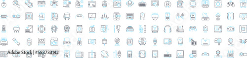 Consumer electronics vector line icons set. Electronics, Consumer, TVs, Radios, Stereos, Cameras, Computers illustration outline concept symbols and signs photo