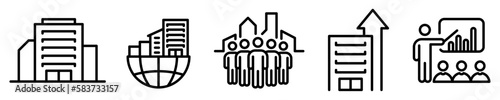 Conjunto de iconos de empresa. Concepto de negocios. Gestión empresarial, presentación, trabajo en equipo, crecimiento empresarial, edificación. Ilustración vectorial