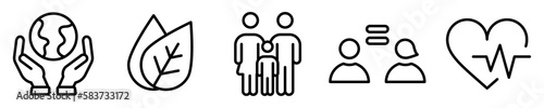 Conjunto de iconos de desarrollo sostenible. Desarrollo humano, ecología, cuidado del medio ambiente, bienestar social, igualdad. Ilustración vectorial