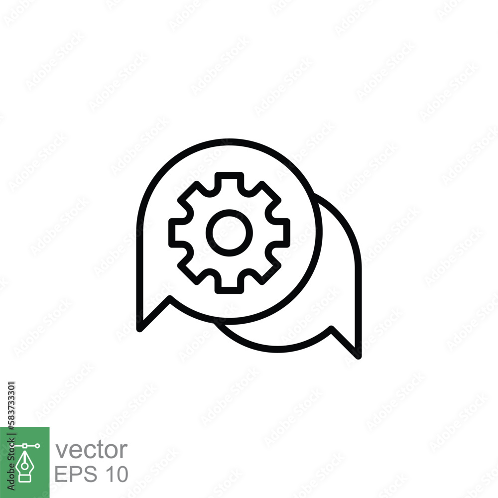 Settings chat icon. Simple outline style. Speech bubble with gear configuration. Thin line symbol. Dialog balloon and cog wheel. Vector illustration design on white background. EPS 10. Settings chat icon. Simple outline style. Speech bubble with gear configuration. Thin line symbol. Dialog balloon and cog wheel. Vector illustration design on white background. EPS 10.
