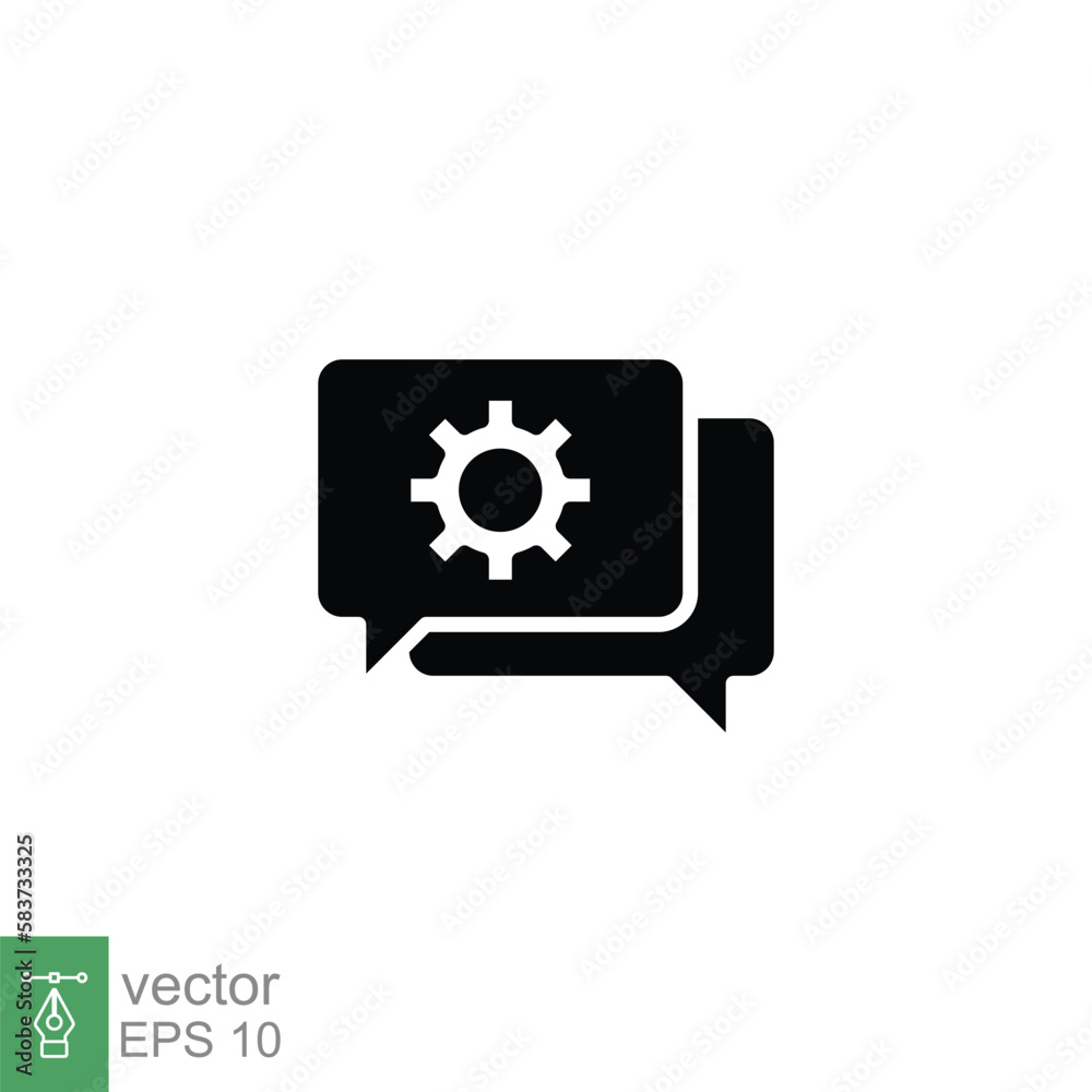 Settings chat icon. Simple solid style. Speech bubble with gear configuration. Black silhouette, glyph symbol. Dialog balloon and cog wheel. Vector illustration design on white background. EPS 10. Settings chat icon. Simple solid style. Speech bubble with gear configuration. Black silhouette, glyph symbol. Dialog balloon and cog wheel. Vector illustration design on white background. EPS 10.