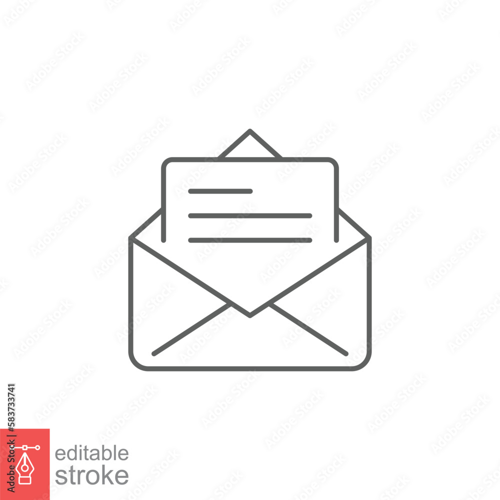Envelope with letter icon. Simple outline style. Open message, email, mail, newsletter. Thin line symbol. Vector illustration isolated on white background. Editable stroke EPS 10. Envelope with letter icon. Simple outline style. Open message, email, mail, newsletter. Thin line symbol. Vector illustration isolated on white background. Editable stroke EPS 10.