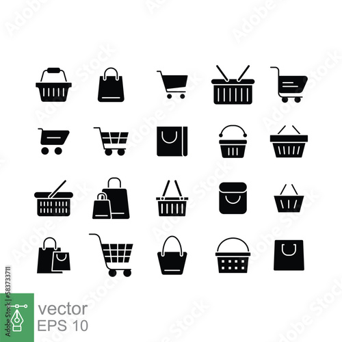 Set of shopping cart icons. Simple solid style. Online store, shop basket, bag, business concept. Black silhouette, glyph symbol. Vector illustration isolated on white background. EPS 10.