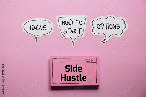 Side hustle Ideas Options concept on paper cut speech bubbles and hand drawn web browser on pink background. Supplementary income from side work.