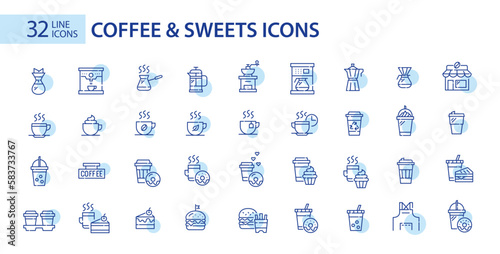32 coffee, sweets and coffee shop equipment icons. Pixel perfect, editable stroke design