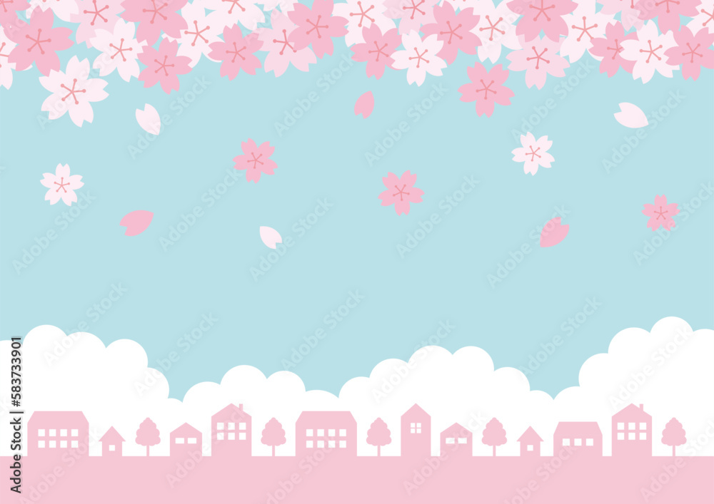 桜と街並みと青空の背景