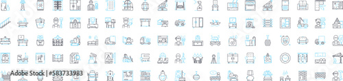 Household and furniture vector line icons set. Furniture, Sofa, Chair, Table, Couch, Shelves, Beds illustration outline concept symbols and signs