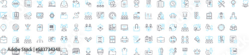 Office work vector line icons set. Office, Work, Documents, Communication, Meetings, Technology, Analysis illustration outline concept symbols and signs