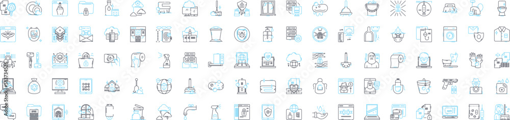 Protection and cleaning vector line icons set. Protection, cleaning, shielding, preserving, guarding, securing, sanitizing illustration outline concept symbols and signs