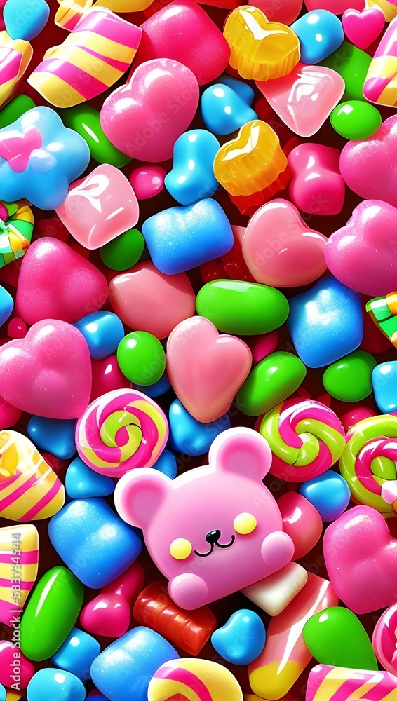Fototapeta premium A wallpaper depicting many funky-shaped and colorful candies (a.i. generated)