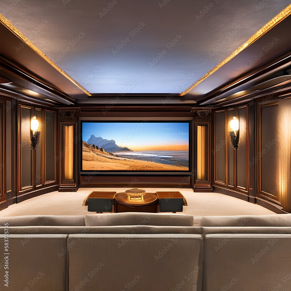 A home theater with a furniture set-up similar to a traditional movie theater1, Generative AI A home theater with a furniture set-up similar to a traditional movie theater1, Generative AI