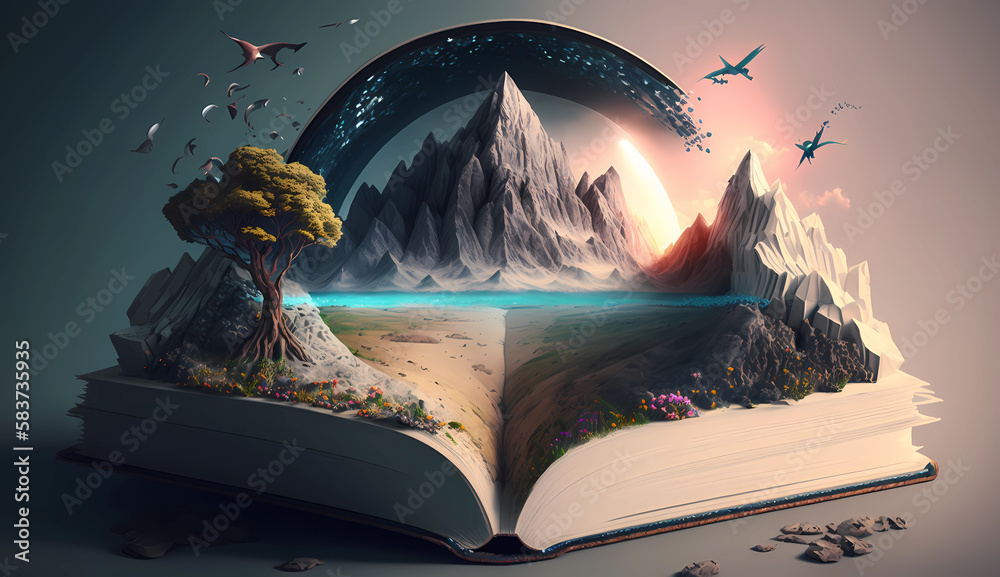 Naklejka premium landscape mountain and sea coming out from a open book. generative ai
