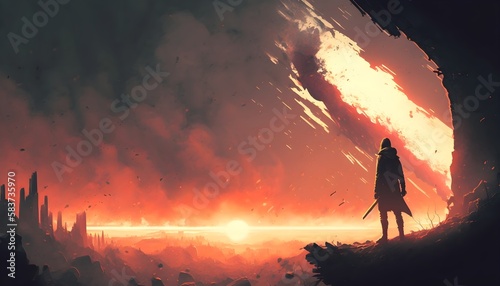 end of the world concept of the man on ruined buildings looking at apocalyptic explosion on the earth, digital art style, illustration painting, Generative AI