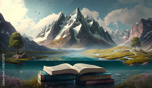 landscape mountain and sea coming out from a open book. generative ai