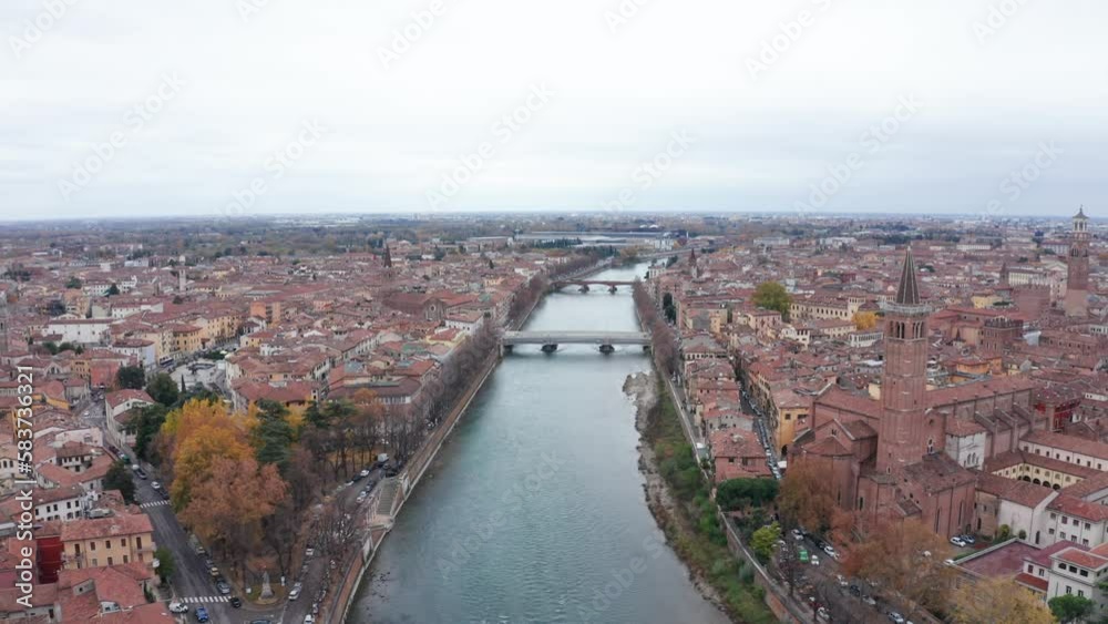 Flying Above Adige River and Verona Italy, Bridges and Cityscape in Autumn Season, Drone Shot Flying Above Adige River and Verona Italy, Bridges and Cityscape in Autumn Season, Drone Shot