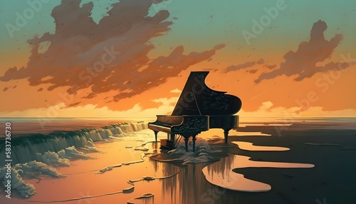 surreal painting of melting black piano on the beach at sunset, illustration art, Generative AI