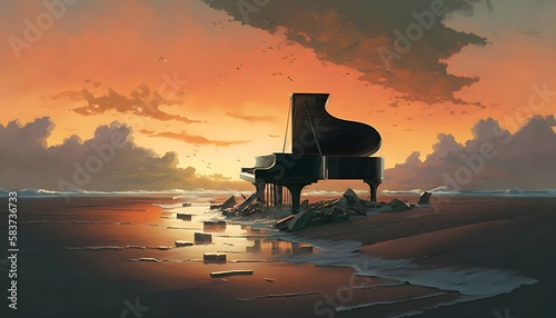 surreal painting of melting black piano on the beach at sunset, illustration art, Generative AI