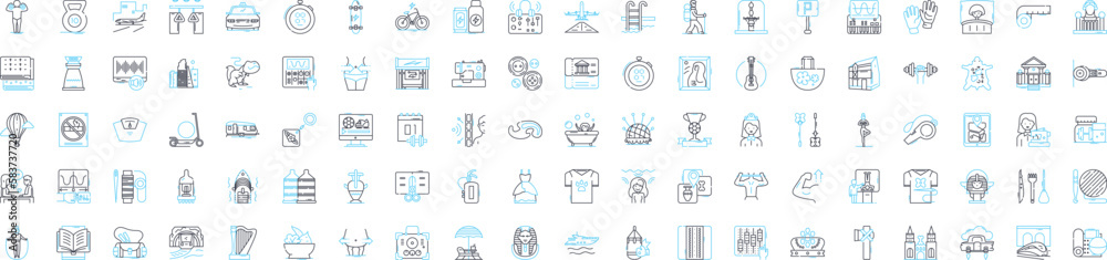 Outdoor adventure vector line icons set. Hiking, Camping, Climbing, Cycling, Canoeing, Surfing, Kayaking illustration outline concept symbols and signs