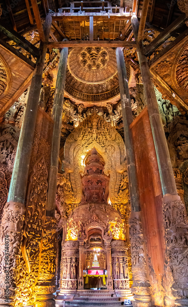 Wooden carving sculptures inside of the Sanctuary of Truth temple in Pattaya, Thailand