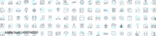 Freight transportation vector line icons set. Shipping, Logistics, Cargo, Trucks, Railways, Delivery, Containers illustration outline concept symbols and signs photo