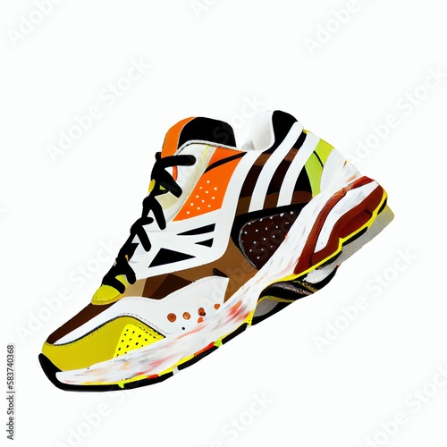 Light green yellow black white sport shoes on isolated white background. Generative AI.