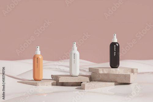 Spray bottles of 3 colors, placed on a beige stone slab, in a milky, Soft skin care concept. 3D rendering