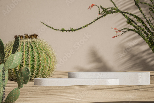 White concrete pallets in the middle of the desert scene, blurred cactus in the foreground. product presentation mockup. 3D rendering