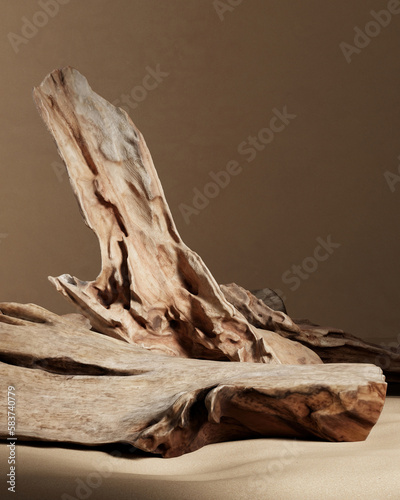 Abstract mockup scene broken wood for product placing. Clipping path of each element included. 3D rendering illustration.