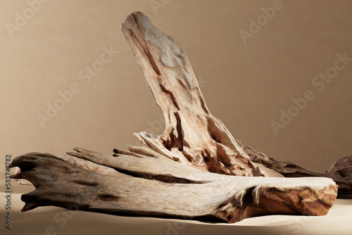 Fototapeta Naklejka Na Ścianę i Meble -  Abstract mockup scene broken wood for product placing. Clipping path of each element included. 3D rendering illustration.