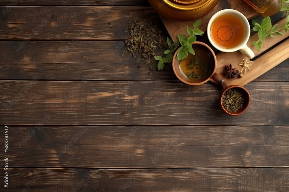 Cup of tea with teapot, organic green tea leaves and dried herbs on