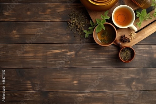 Cup of tea with teapot, organic green tea leaves and dried herbs on wooden table top view with copy space
