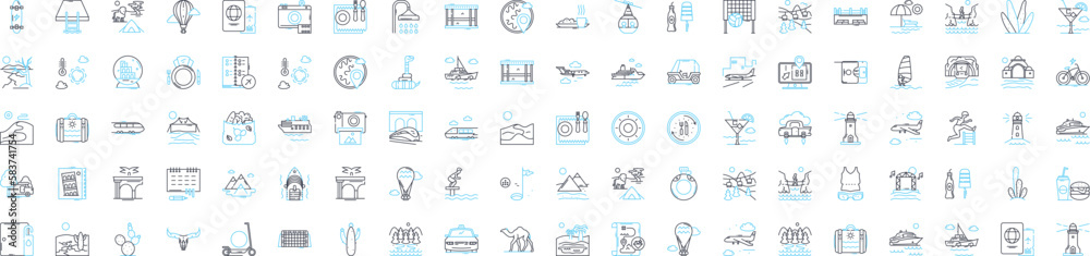 Travel adventures vector line icons set. Travel, Adventures, Exploring, Touring, Trekking, Cruising, Hiking illustration outline concept symbols and signs Travel adventures vector line icons set. Travel, Adventures, Exploring, Touring, Trekking, Cruising, Hiking illustration outline concept symbols and signs