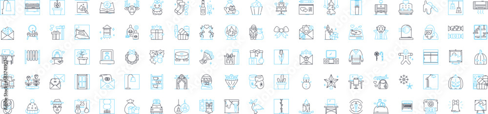 Decorating vector line icons set. Paint, Wallpaper, Furnishings, Curtains, Rugs, Carpets, Artwork illustration outline concept symbols and signs