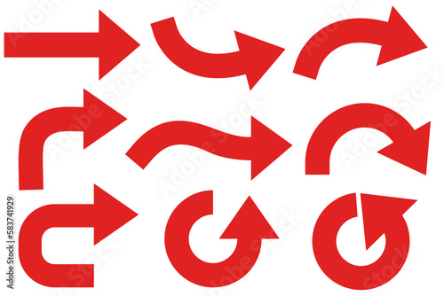 Set of Red Arrows Sign Symbol Direction Way Go straight Turn Left Right Around U Turn Repeat Basic Normal For Business Presentation Isolated arrow on White Background Vector Illustration 