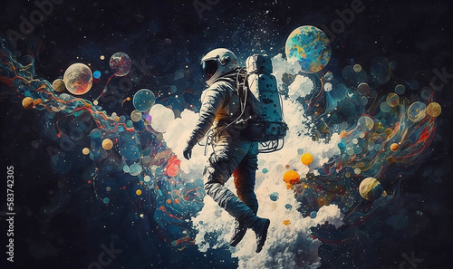 Astronaut flying at the beautiful space and looking toward the space. Generative AI. 