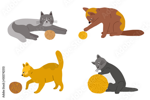 Hand drawn vector set of cute cartoon flat cats with a ball of yarn. Pet set vector illustration .Different breeds of cats