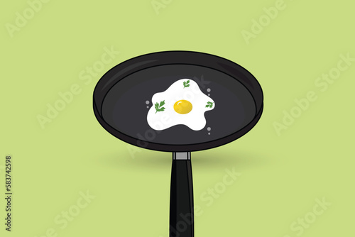 Pan with fried egg cooking foods isolated on a Lime Green background vector illustration