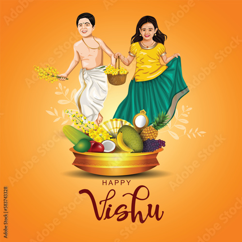 Happy Vishu greetings. April 14 Kerala festival with Vishu Kani, vishu flower Fruits and vegetables in a bronze vessel. vector illustration design