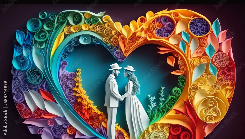 Beautiful rainbow color 3d paper quilling style art .Generative AI.