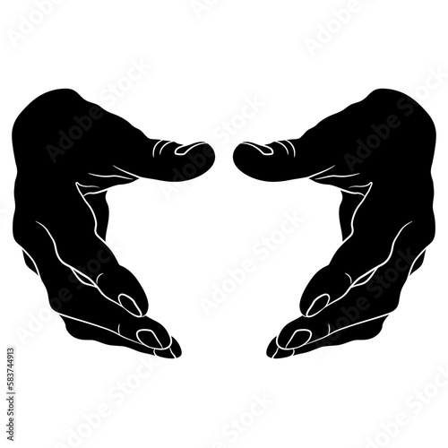 Front view of two empty human hands in holding gesture. Cartoon style. Black and white silhouette.