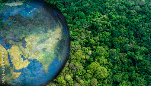 Atmospheric Aerial view of green forest and land Demonstrates the concept of preserving the ecosystem and the natural environment at its best and preserving the earth and preserving forests.