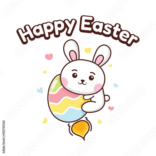 illustration of a bunny hugging an egg rocket celebrating easter kawaii style